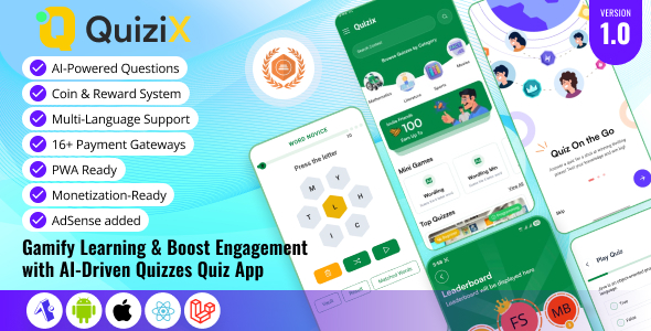 QuiziX - AI Quiz & Trivia Game | React Native Mobile App (Requires QuiziX Platform) QuiziX - AI Quiz & Trivia Game | React Native Mobile App (Requires QuiziX Platform)