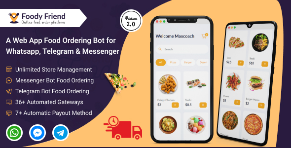 Restaurant Food Ordering Bot for WhatsApp, Telegram, Messenger (SAAS Based) - Foody Friend Restaurant Food Ordering Bot for WhatsApp, Telegram, Messenger (SAAS Based) - Foody Friend