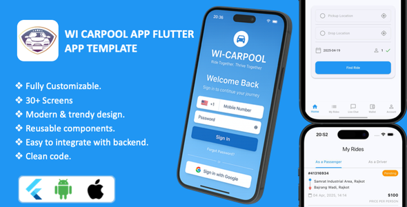 WI-Carpool - Modern Car Pooling Flutter App Template WI-Carpool - Modern Car Pooling Flutter App Template