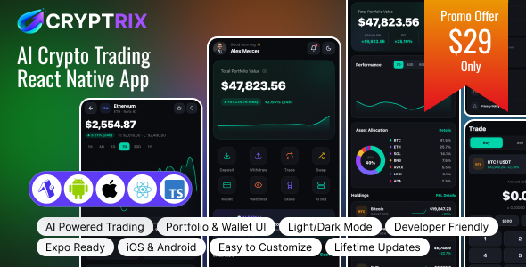 Cryptrix - AI Crypto Investing React Native Expo UI Kit Cryptrix - AI Crypto Investing React Native Expo UI Kit
