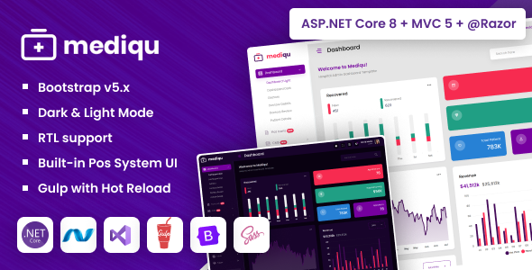 Mediqu - ASP.NET Core & MVC Bootstrap Hospital Admin Dashboard Template Dark-Light with RTL Mediqu - ASP.NET Core & MVC Bootstrap Hospital Admin Dashboard Template Dark-Light with RTL