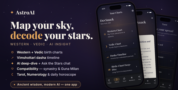 AstroAI — AI Astrology, Tarot & Numerology App (Flutter + Next.js, Western + Vedic, Birth Chart) AstroAI — AI Astrology, Tarot & Numerology App (Flutter + Next.js, Western + Vedic, Birth Chart)