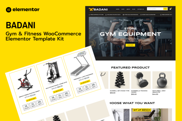 Badani - Gym Fitness Equipment Shop & Store WooCommerce Elementor Pro Template Kit Badani - Gym Fitness Equipment Shop & Store WooCommerce Elementor Pro Template Kit