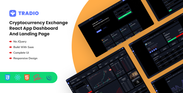 Tradio - Cryptocurrency Exchange React App Dashboard + Landing Page Tradio - Cryptocurrency Exchange React App Dashboard + Landing Page