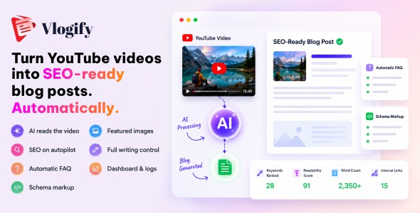 Vlogify - AI YouTube to Blog Post Generator for WordPress Vlogify - AI YouTube to Blog Post Generator for WordPress