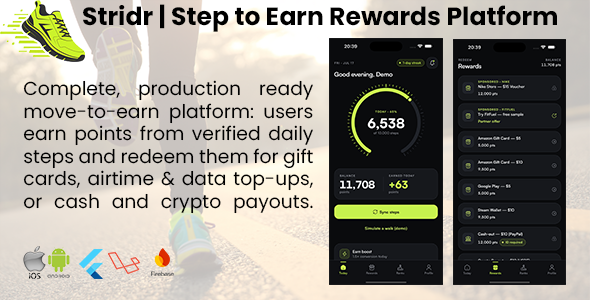 Stridr | Step-to-Earn Rewards Flutter App With Laravel Backend Stridr | Step-to-Earn Rewards Flutter App With Laravel Backend
