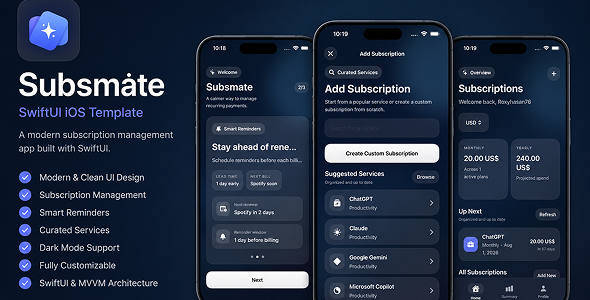 Subsmate - Subscription Manager & Bill Tracker - iOS SwiftUI App Template Subsmate - Subscription Manager & Bill Tracker - iOS SwiftUI App Template