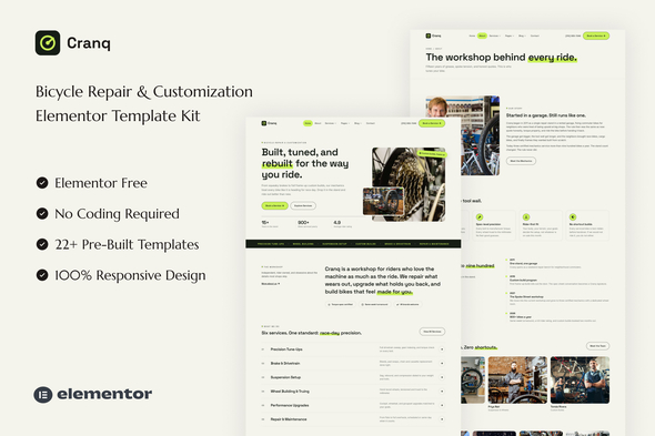 Cranq - Bicycle Repair & Customization Elementor Template Kit Cranq - Bicycle Repair & Customization Elementor Template Kit