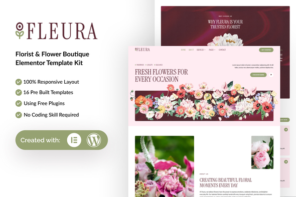 Fleura - Florist & Flower Boutique Elementor Template Kit Fleura - Florist & Flower Boutique Elementor Template Kit