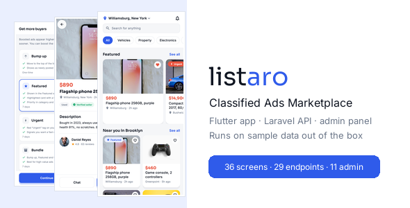 Listaro | Flutter Classified Ads Marketplace App With Laravel Admin Panel Listaro | Flutter Classified Ads Marketplace App With Laravel Admin Panel