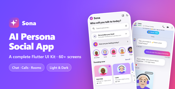 Sona | AI Persona Chat and Companion App - Flutter UI Kit Sona | AI Persona Chat and Companion App - Flutter UI Kit