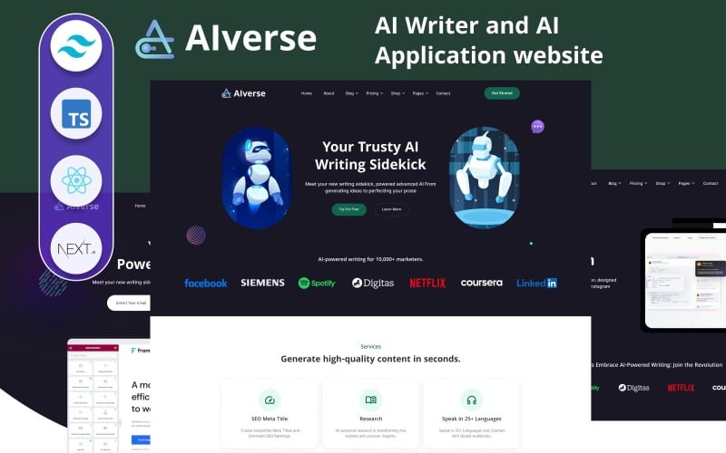 Aiverse - AI Writer and AI Application website React NEXT JS Template Aiverse - AI Writer and AI Application website React NEXT JS Template