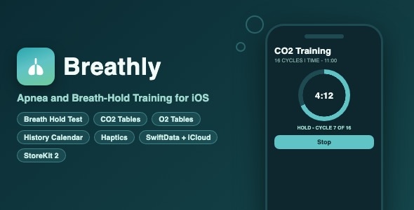 Breathly | Apnea and Breath-Hold Training App With CO2 and O2 Tables, History Calendar - SwiftUI Breathly | Apnea and Breath-Hold Training App With CO2 and O2 Tables, History Calendar - SwiftUI