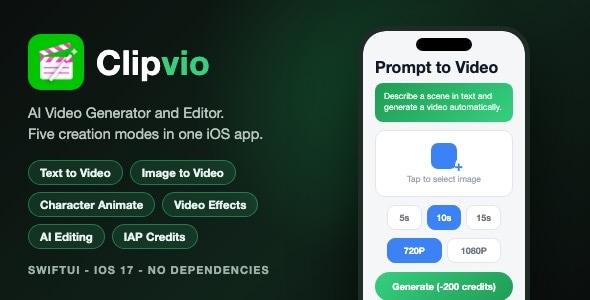 Clipvio | AI Video Generator and Editor iOS App Template - SwiftUI Clipvio | AI Video Generator and Editor iOS App Template - SwiftUI
