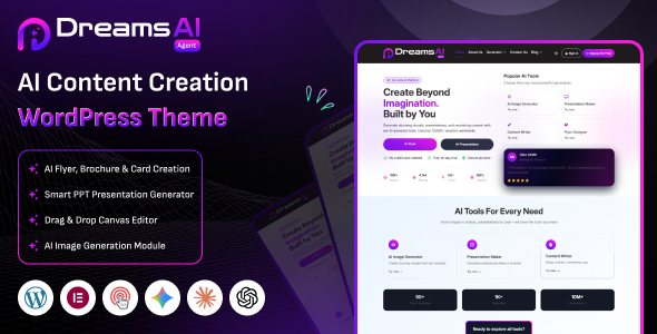 Dreams AI Agent - AI Content, Flyer, PPT, Social Poster Creation WordPress Theme Dreams AI Agent - AI Content, Flyer, PPT, Social Poster Creation WordPress Theme