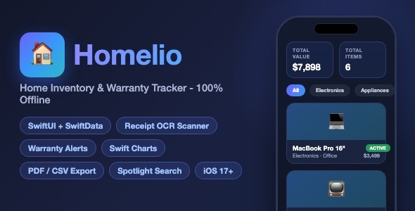 Homelio | Home Inventory and Warranty Tracker With Receipt Scanner, Charts and PDF Export - SwiftUI Homelio | Home Inventory and Warranty Tracker With Receipt Scanner, Charts and PDF Export - SwiftUI