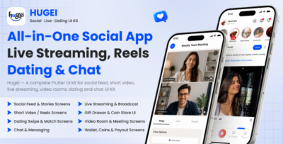 Hugei | Social, Live Streaming, Short Video & Dating App UI Kit - Flutter