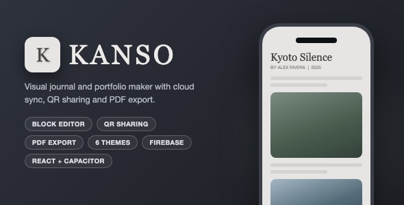 Kanso | Visual Journal and Portfolio Maker With Block Editor, QR Sharing and PDF Export - React Kanso | Visual Journal and Portfolio Maker With Block Editor, QR Sharing and PDF Export - React