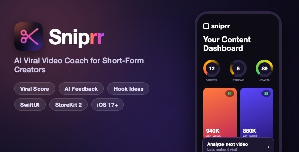 Sniprr | AI Video Analysis App With Viral Score, Actionable Feedback and Subscriptions - SwiftUI Sniprr | AI Video Analysis App With Viral Score, Actionable Feedback and Subscriptions - SwiftUI