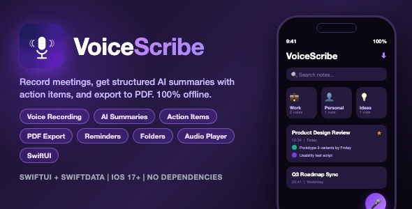 VoiceScribe | Voice Notes and Recording App With AI Summaries, PDF Export and Folders - SwiftUI VoiceScribe | Voice Notes and Recording App With AI Summaries, PDF Export and Folders - SwiftUI