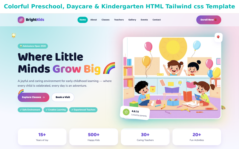 BrightKids – Colorful Preschool, Daycare & Kindergarten HTML Tailwind CSS Template BrightKids – Colorful Preschool, Daycare & Kindergarten HTML Tailwind CSS Template