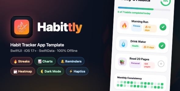 Habbitly | Habit Tracker App with Streaks, Charts, Heatmap & Local Reminders — SwiftUI iOS 17 Habbitly | Habit Tracker App with Streaks, Charts, Heatmap & Local Reminders — SwiftUI iOS 17