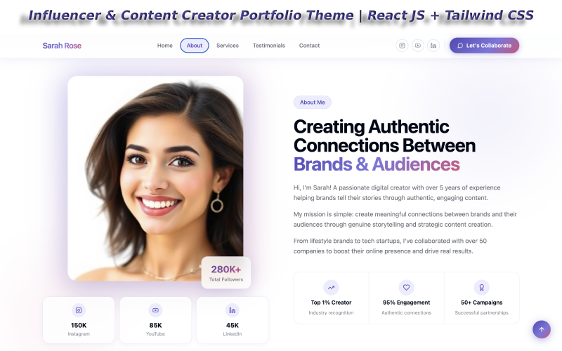 Influencer & Content Creator Portfolio Theme | React JS + Tailwind CSS Influencer & Content Creator Portfolio Theme | React JS + Tailwind CSS