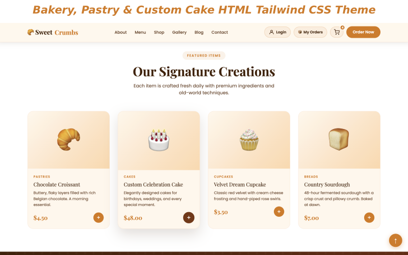 SweetCrumbs - Bakery, Pastry & Custom Cake HTML Tailwind CSS Theme SweetCrumbs - Bakery, Pastry & Custom Cake HTML Tailwind CSS Theme